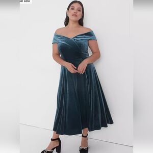 New Lane Bryant Icy Blue / Teal Velvet Off the Shoulder Swing Midi Dress